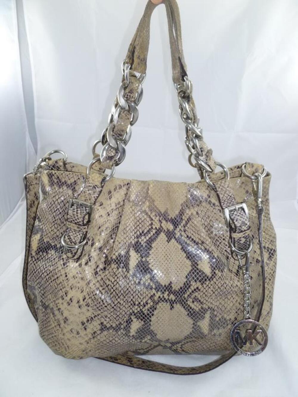 MICHAEL KORS USED/WEAR PYTHON EMB LEATHER CONVERTIBLE HOBO/SHOULDER BAG ID CHAIN